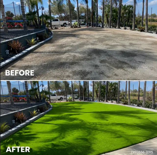 Before and after of artificial turf installed in Perris, CA