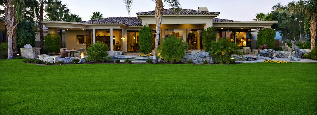 Landscaped yard with a wide lawn, palms, stone water feature and outdoor lighting