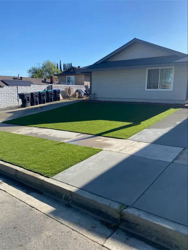 Artificial turf front lawn at a house in Perris, CA