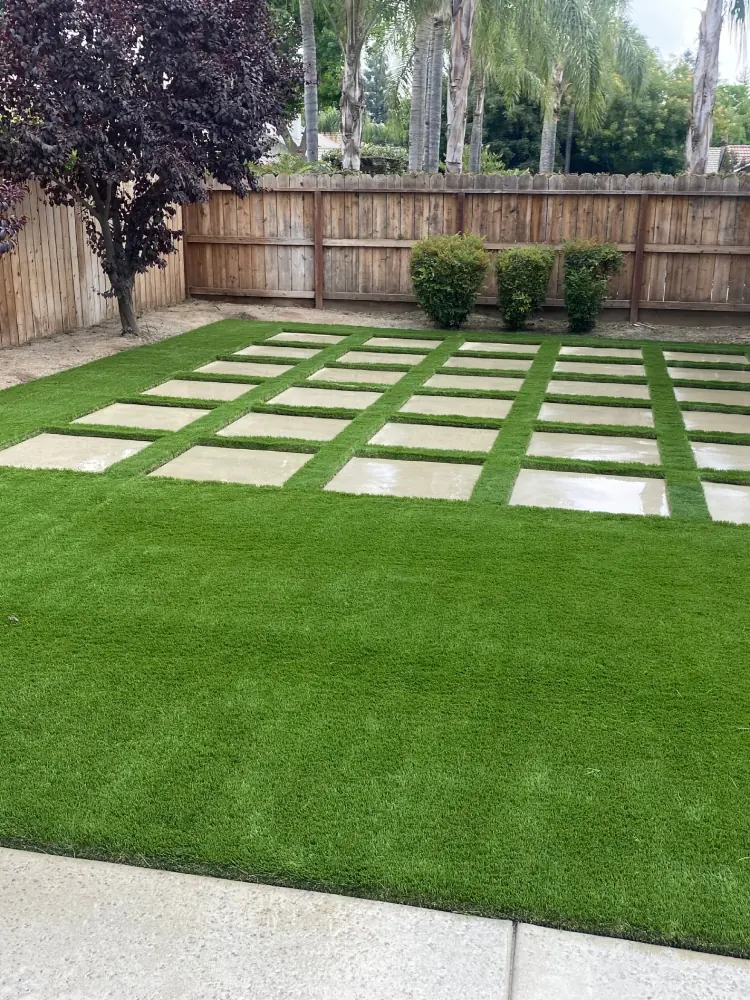 Designed paver and turf grid in a Perris, CA back yard
